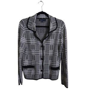 Jones New York Collection Black White Plaid Cotton Blend Sweater Blazer Size L